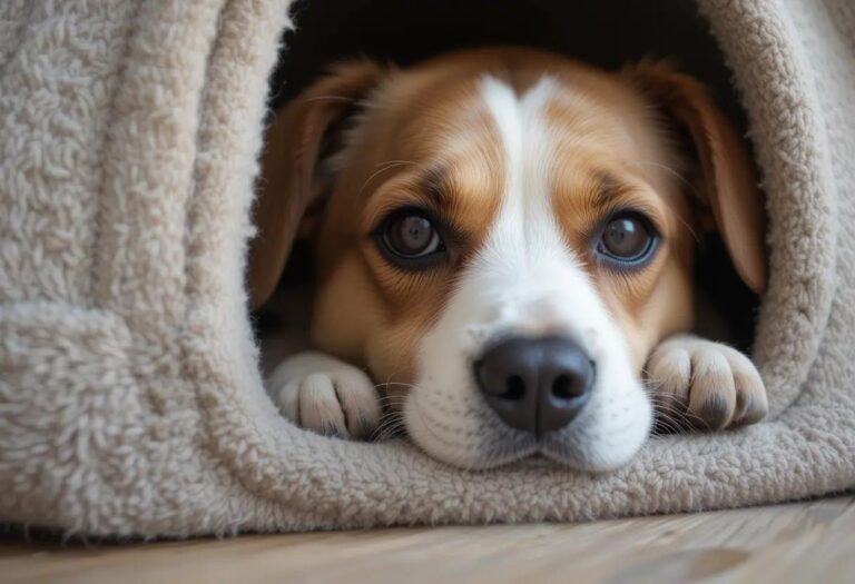 A calm dog resting in its safe space at home