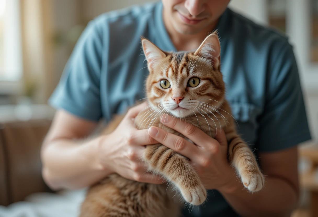 A concerned pet owner holding their cat in their arms