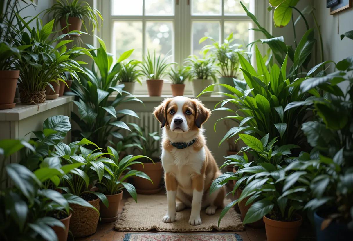 A cozy indoor garden corner with dog-safe plants like Spider Plants and Boston Ferns.