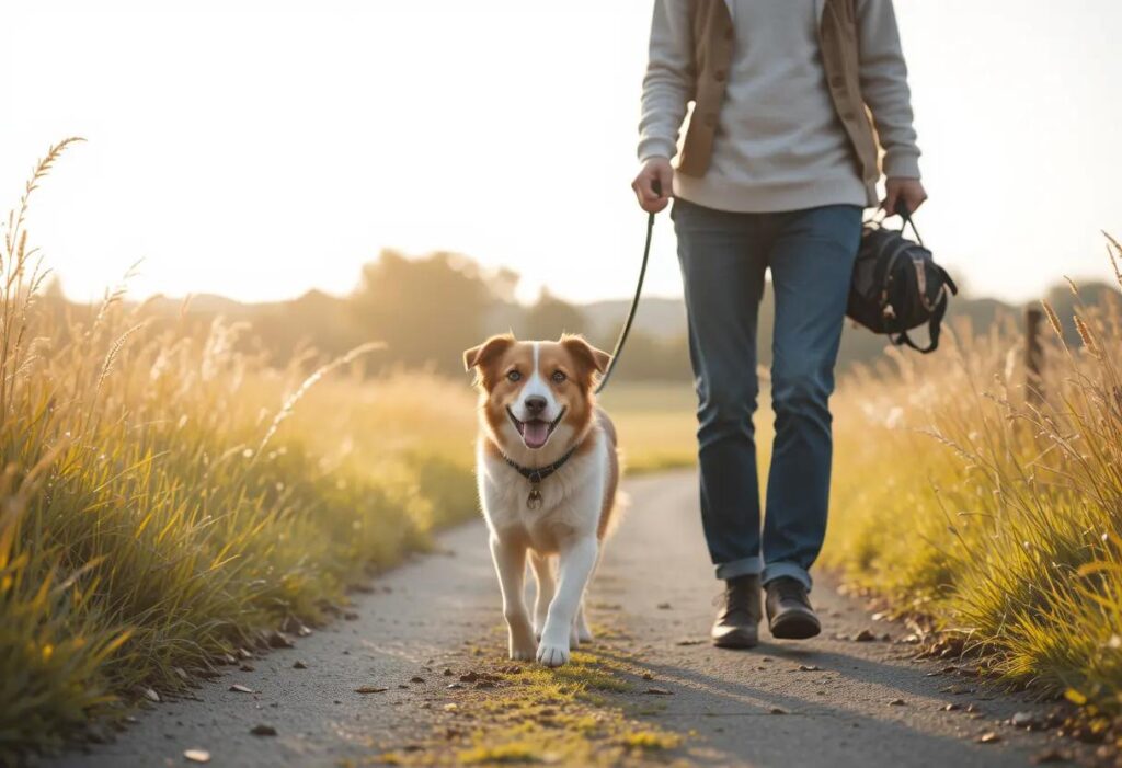A dog enjoying a walk with its owner in a peaceful environment