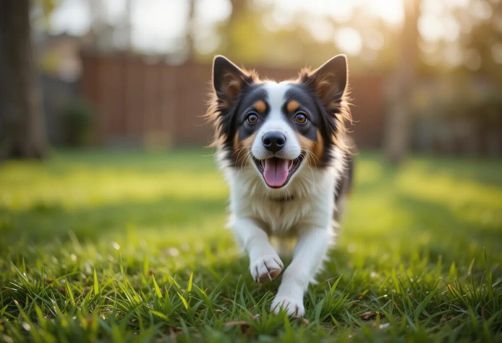 a happy dog playing in the garden