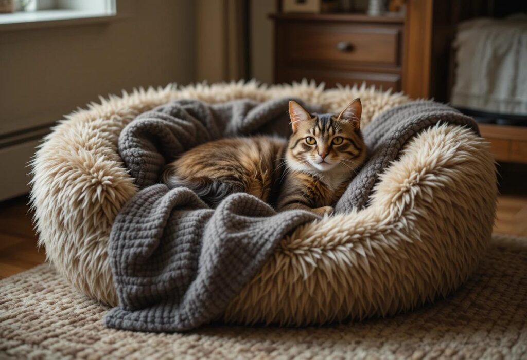 A fluffy pet bed with a soft blanket for a cat