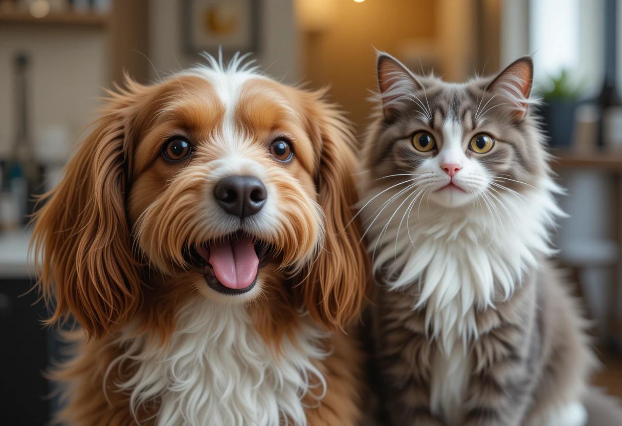 A happy dog and cat with shiny coats after grooming