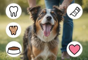 A happy, healthy dog playing outdoors with its owner