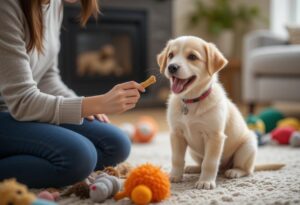 A happy puppy sitting obediently while its owner rewards it with a treat