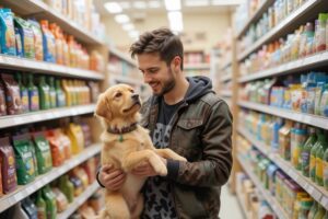 A new pet owner shopping for pet supplies in a store