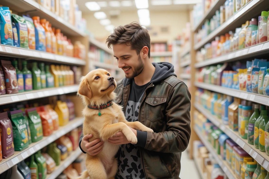 A new pet owner shopping for pet supplies in a store