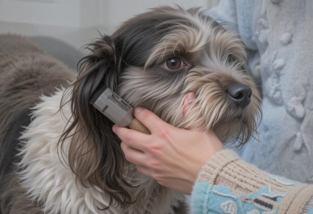 A pet owner brushing their dog’s fur.