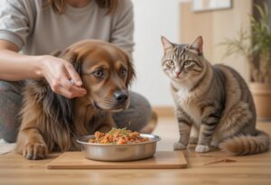 A pet owner preparing homemade non veg meals for a dog and cat