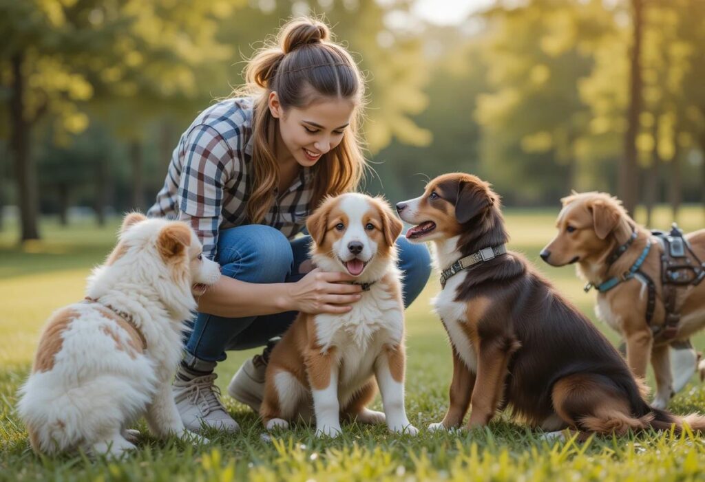 A pet owner socializing their puppy with other dogs at a park