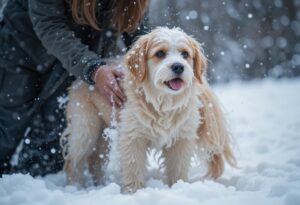 A pet parent drying their dog off after a walk in the snow