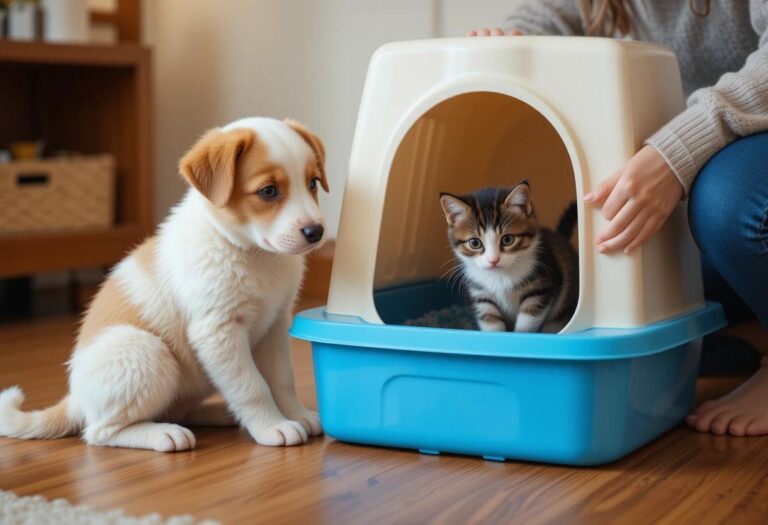 A puppy and a kitten learning to use a litter box and potty area