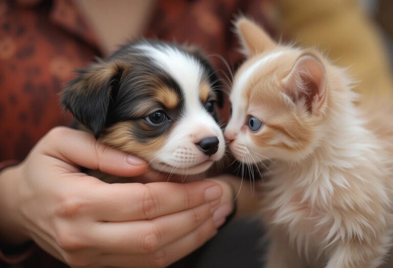 A puppy and kitten interacting