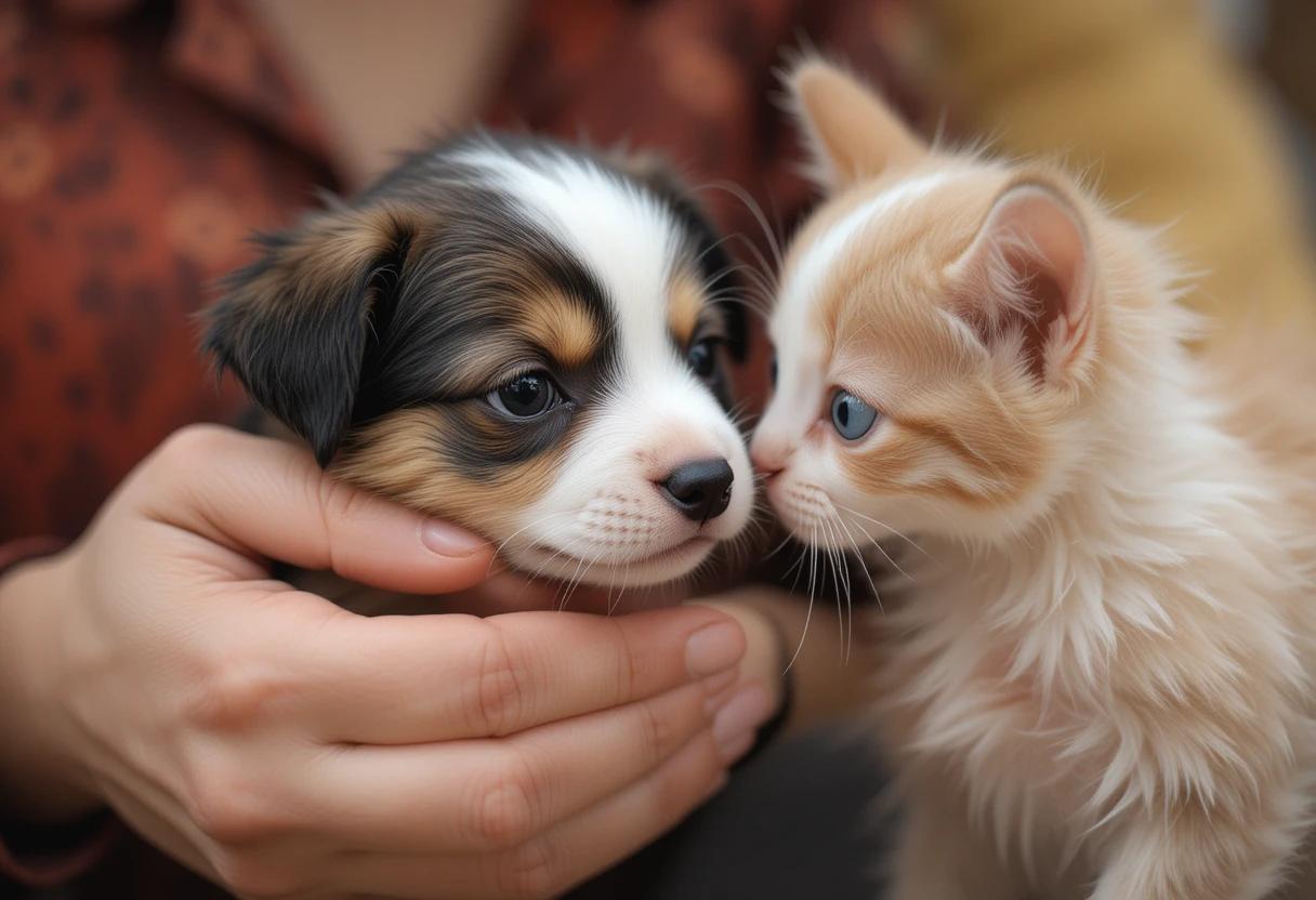 A puppy and kitten interacting