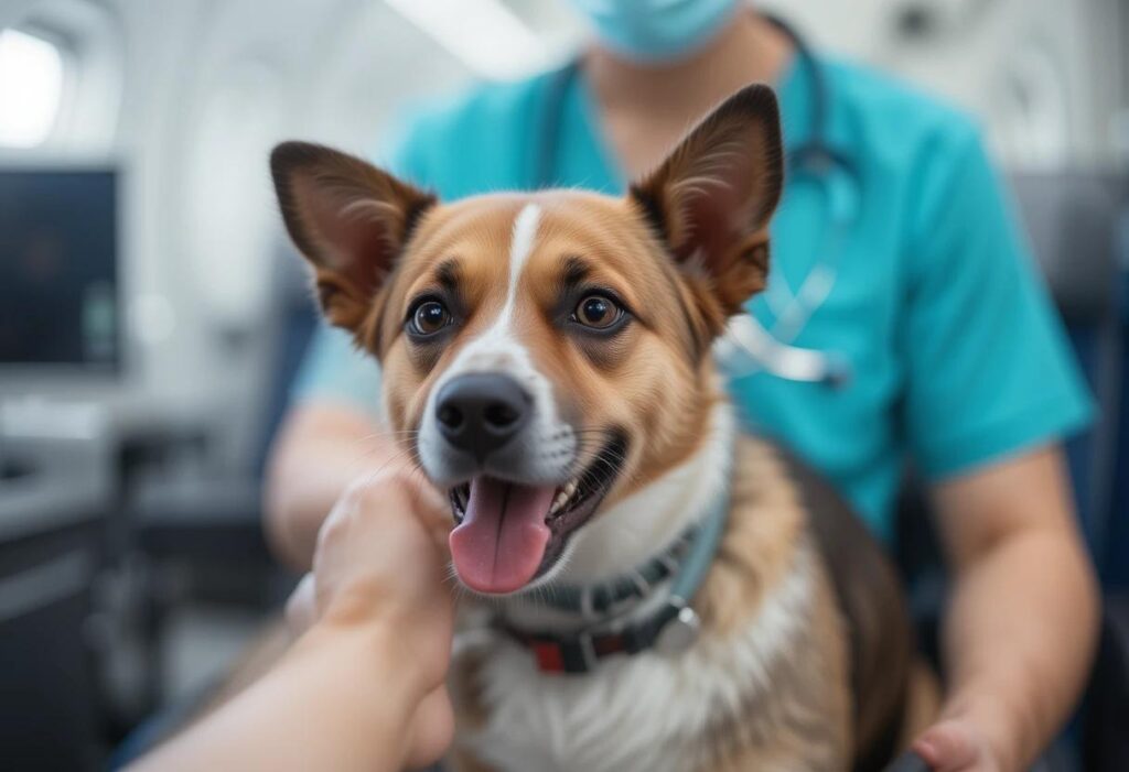 A vet performing health check up on the dog