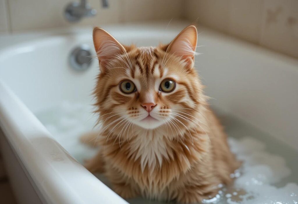 A wet cat in a bathtub during a bath-2