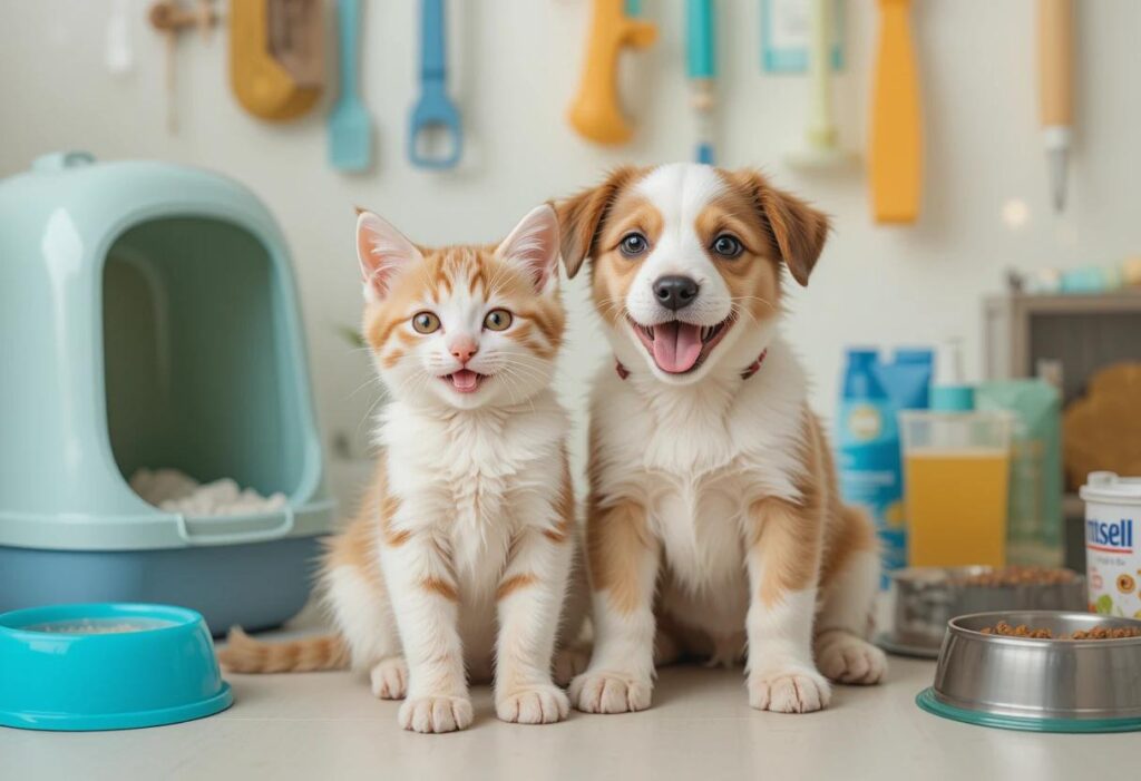 An adorable, happy kitten and a playful puppy sitting together