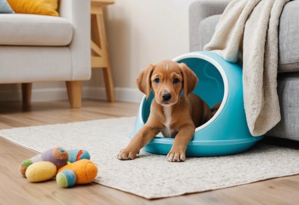 A puppy with toys around