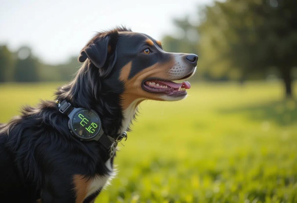Dog wearing health monitoring gadget