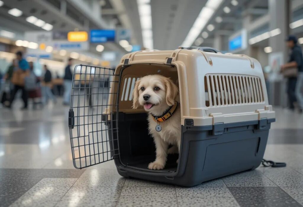 Image of a pet in a travel carrier at the airport1