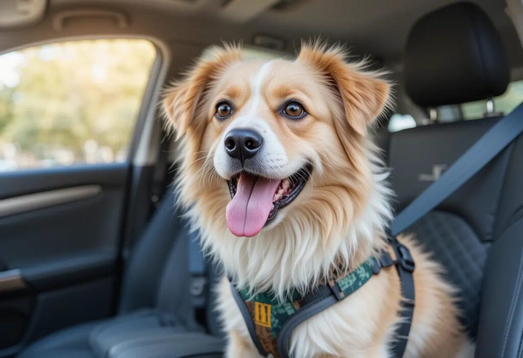 Image of a pet seating happily in a car wearing a car harness