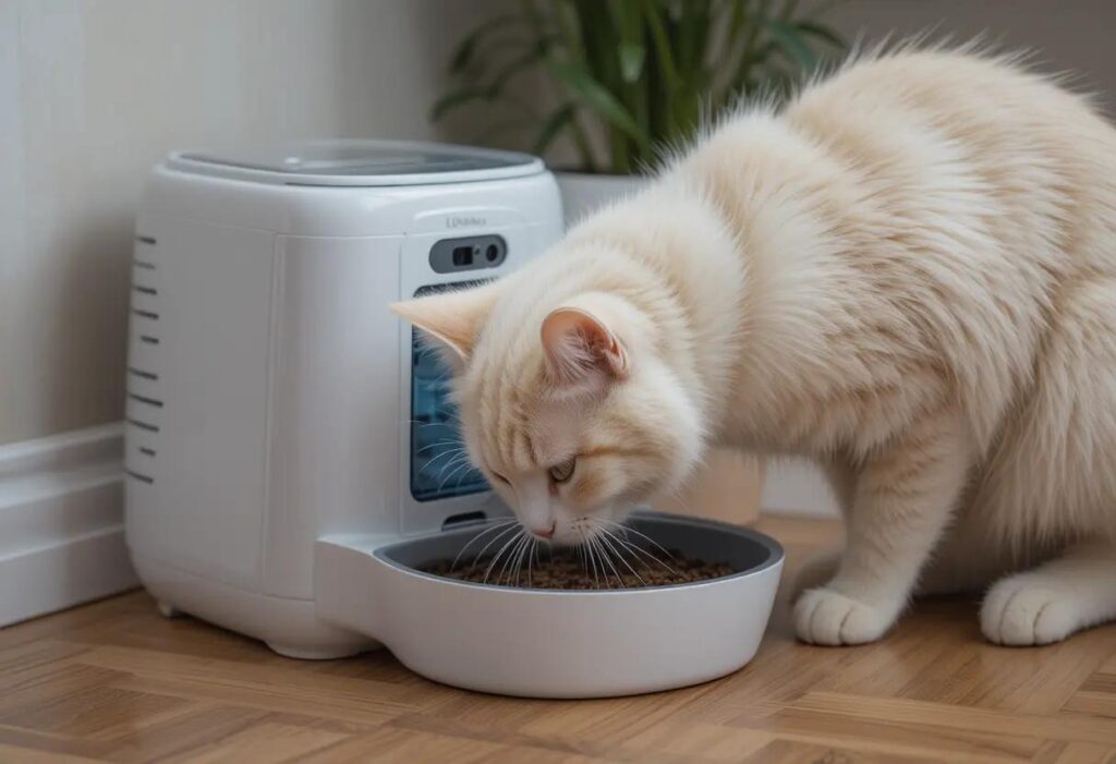 a cat eating from smart pet feeder