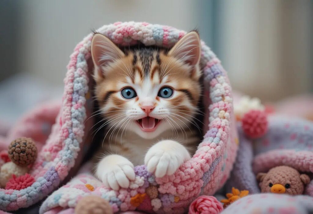a cute happy kitten wrapped in pet blanket
