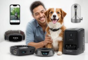 a happy dog and a pet owner surrounded by gadgets