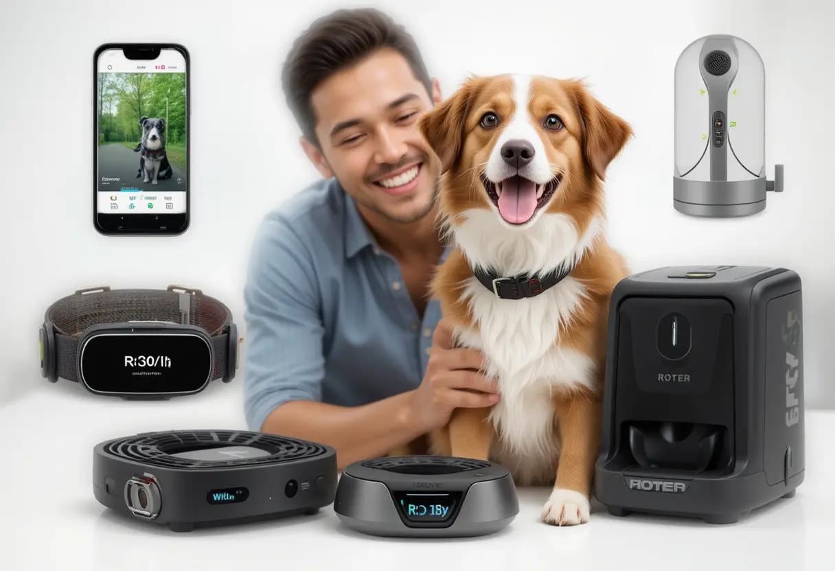 a happy dog and a pet owner surrounded by gadgets