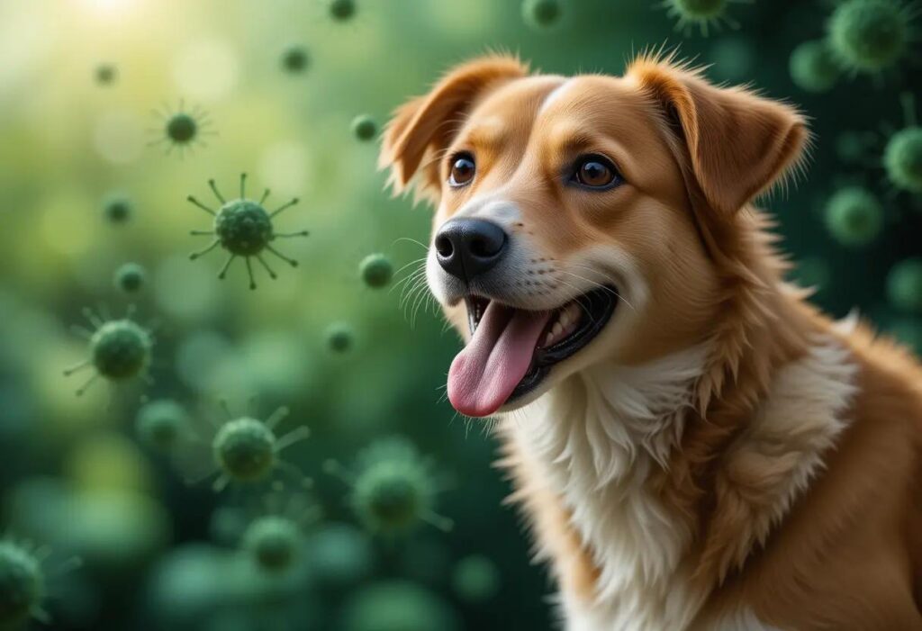 a healthy happy dog in the center of microbiomes-1