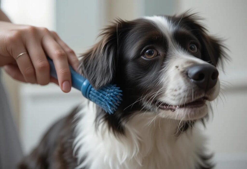a dog being brushed