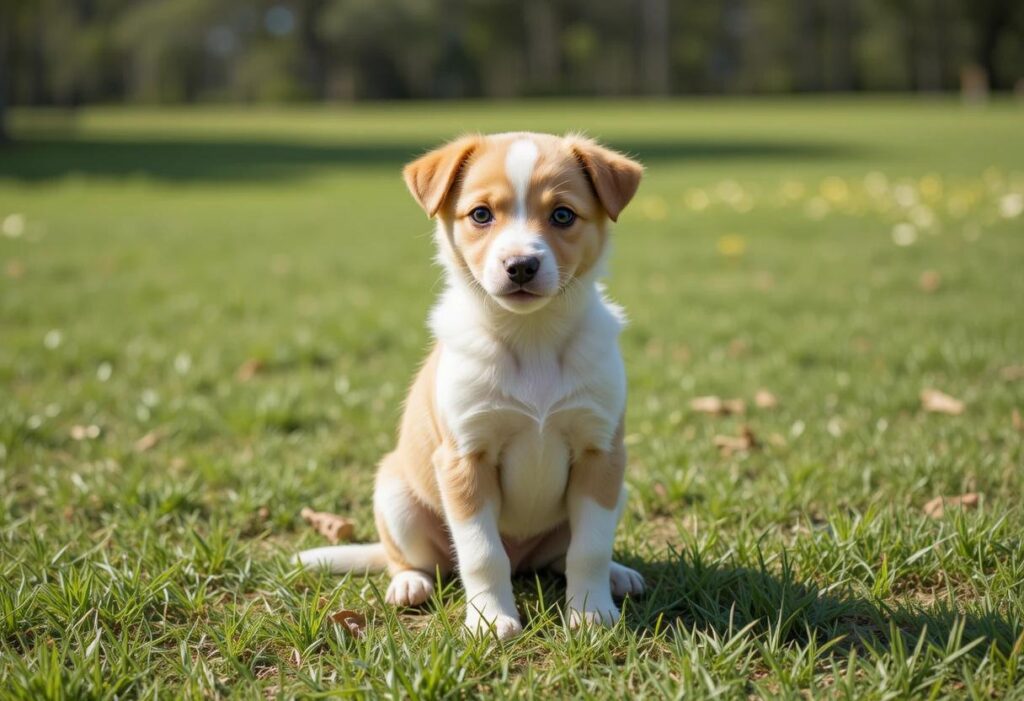 A happy puppy sitting obediently
