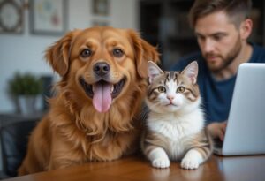 a happy dog and cat and pet owner working on his laptop in the background at his work desk