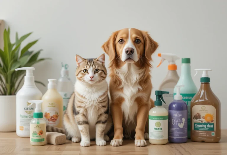 A cat and a dog amongst eco friendly cleaning products1