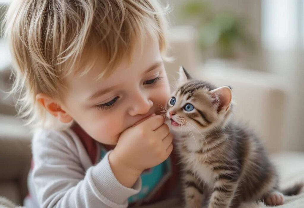 A cute talking to a cute kitten