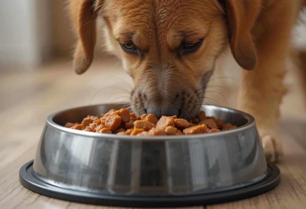A dog eating bowl of healthy dog food lean meat.