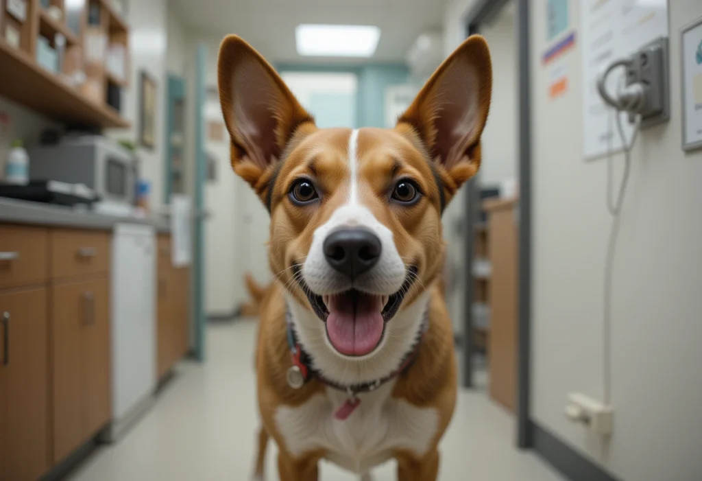 A dog exploring a veterinary clinic with a calm expression