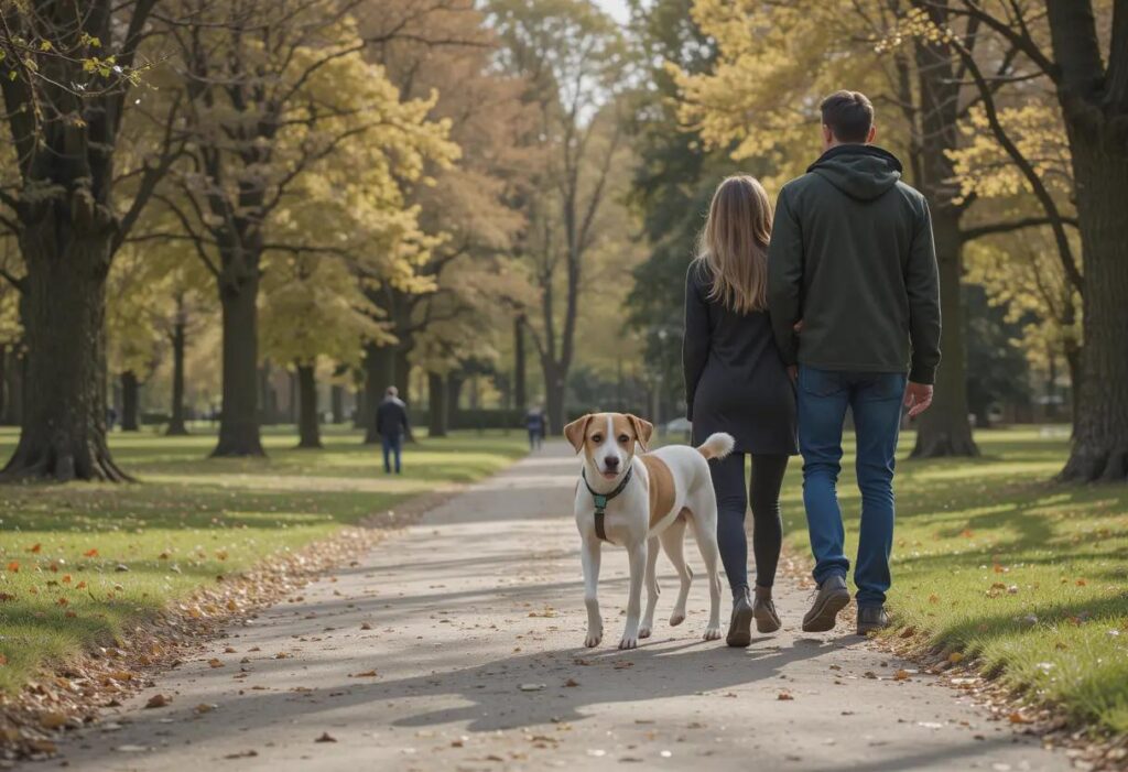 A dog walking with its owner through a peaceful park