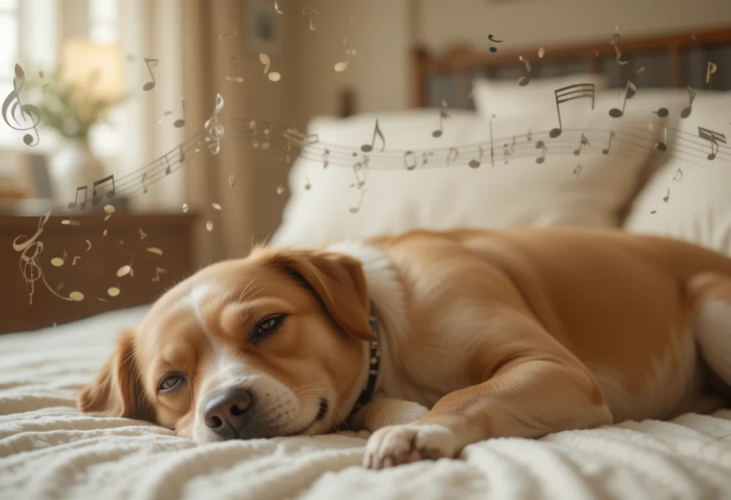 peaceful dog lying on a bed with soft classical music playing in the background