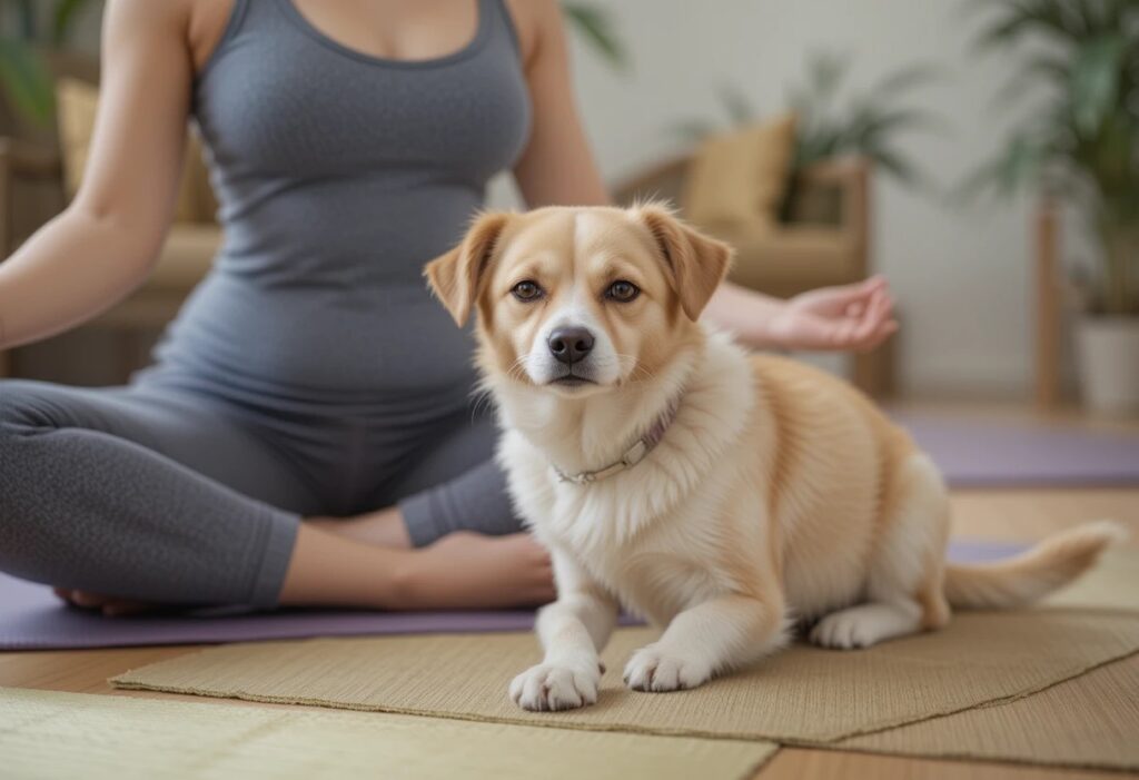 A person and their dog or cat participating in a relaxed yoga session at home