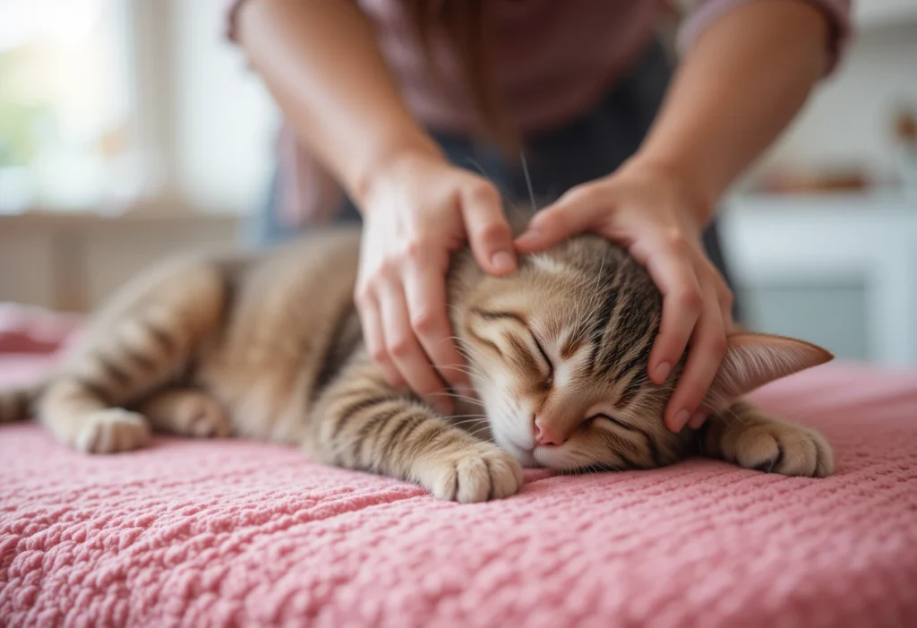 A person gently giving a cat or dog a relaxing massage