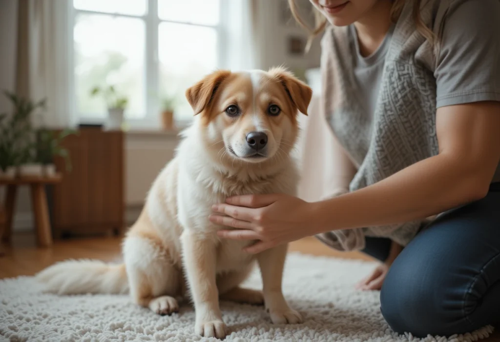 A pet owner practicing handling techniques with their dog at home
