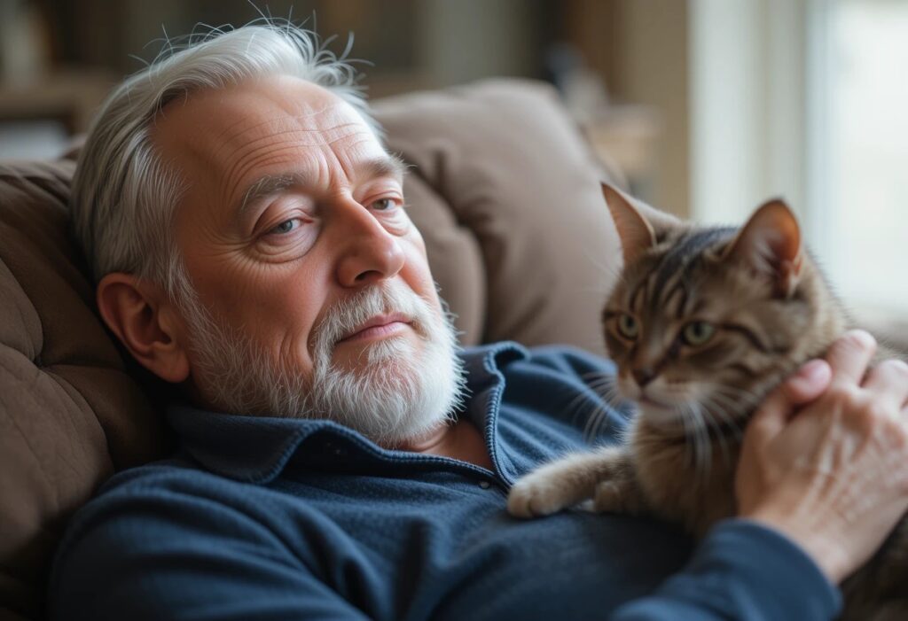 A senior man relaxing with his cat