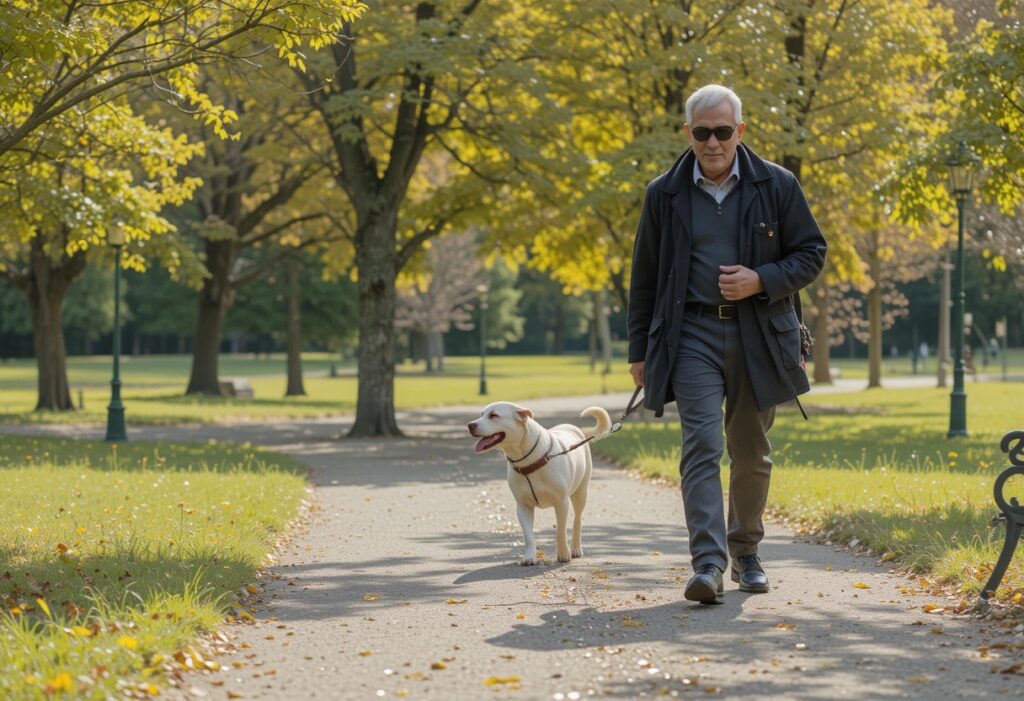 An older adult walking with a dog in a park