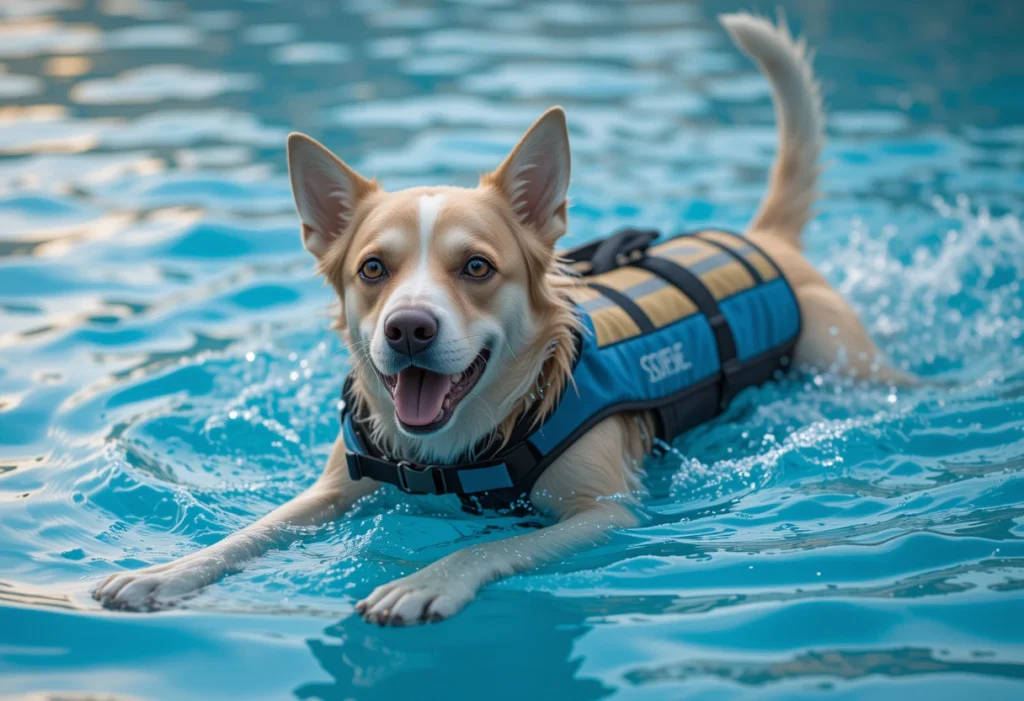 Dog swimming in a pool with a life jacket on1