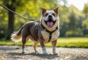 Happy overweight dog on a leash walking in a park