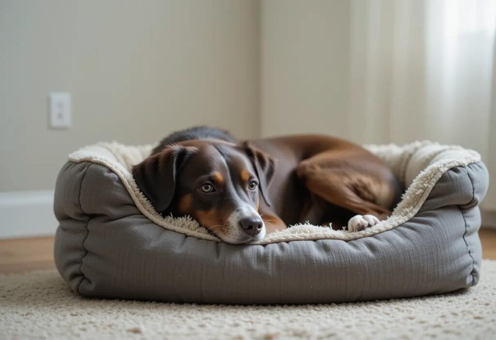 Image of a dog resting on a cozy dog bed in a calm, quiet room 1