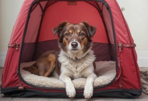 Image of a relaxed dog in its designated safe space