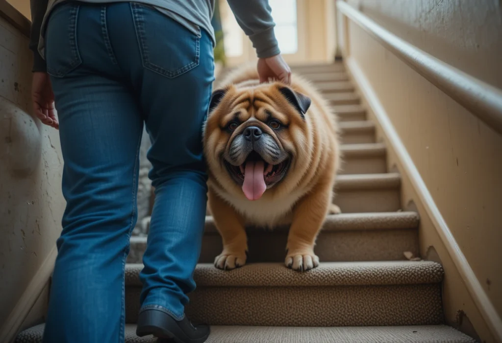 Obese dog climbing up stairs with its owner