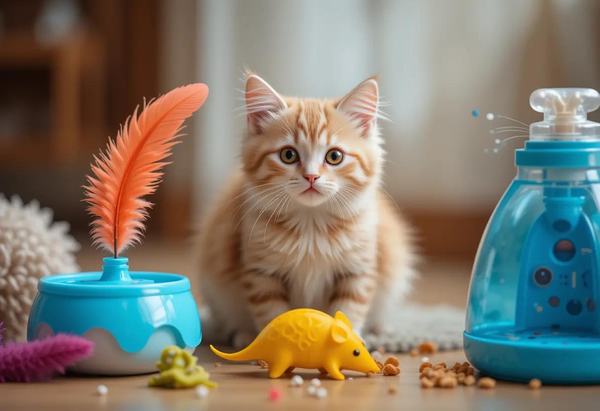 a cute cat surrounded with interactive toys